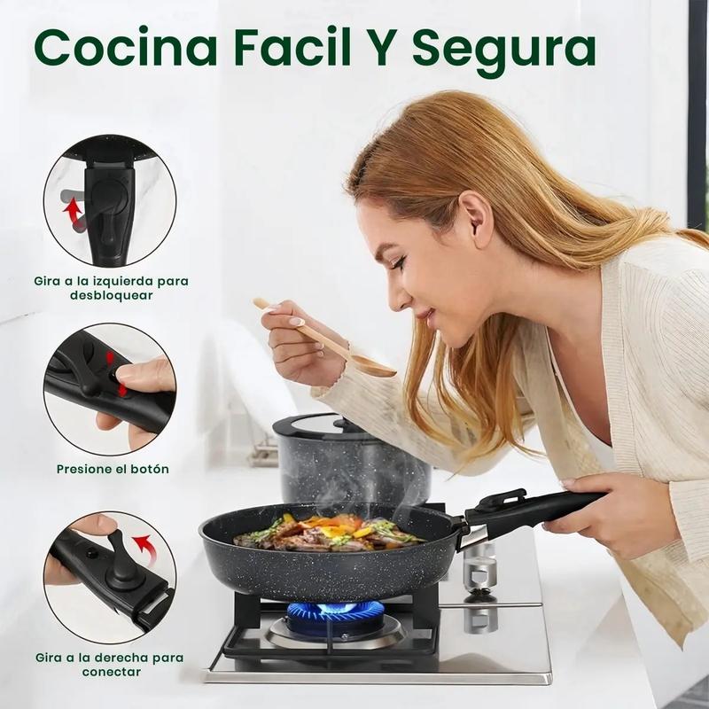 Batería De Cocina 15/17/22 Piezas Juego De Sartenes Ollas  Utensilios Sartenes Antiadherentes Con Mangos Desmontables Y Tapas De Vidrio Para Inducción, Gas Y Horno Negro Blanco Libre de PTFE, PFOA, plomo y cadmio. Cocina con menos aceite, sin que se pegue