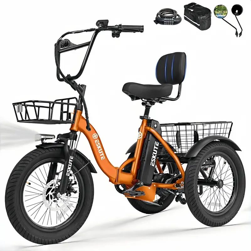 Bicicleta de carga ESKUTE para adultos, triciclo eléctrico plegable de 3 ruedas con motor de 1200 W, neumáticos anchos, respaldo y manillar de bicicleta, bicicletas eléctricas para adultos, pedaleo/asistencia/acelerador tiktokshopbacktoschool