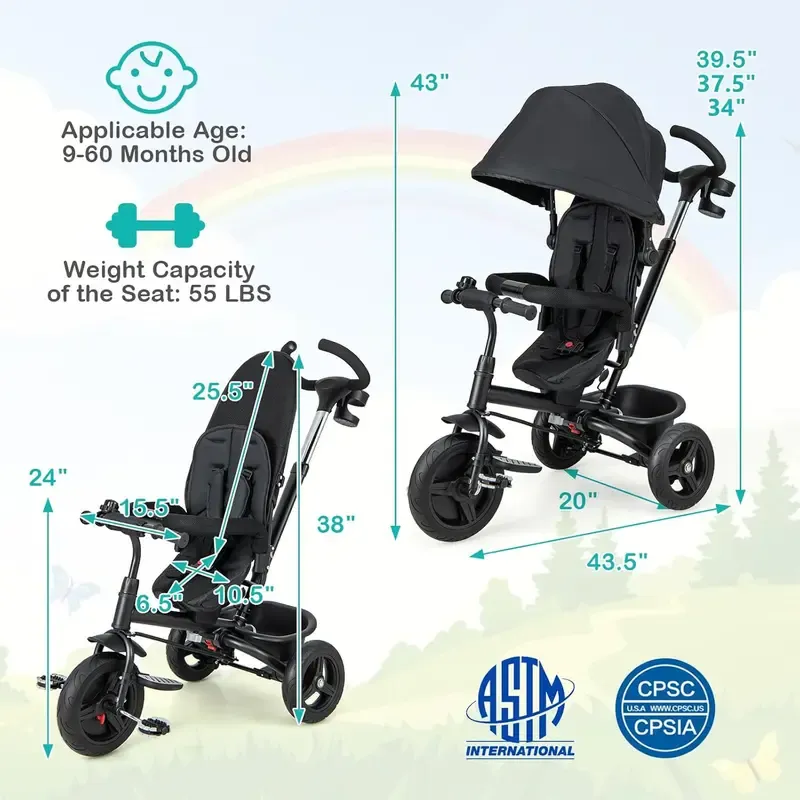 Cochecito infantil unisex 5 en 1 Costzon - Poliéster, asiento reversible, capota ajustable, ruedas de EVA, manillar extraíble de PP y acero para padres, triciclo para niños pequeños, cochecito práctico y multifuncional.