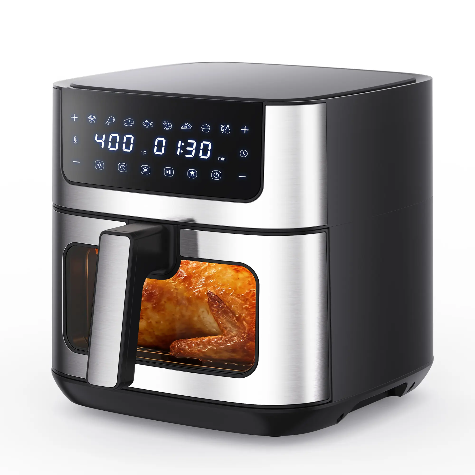Freidora de aire 6.34QT con ventana, 8 funciones, 400°F, temporizador 90 min, canasta antiadherente apta para lavavajillas, acero inoxidable