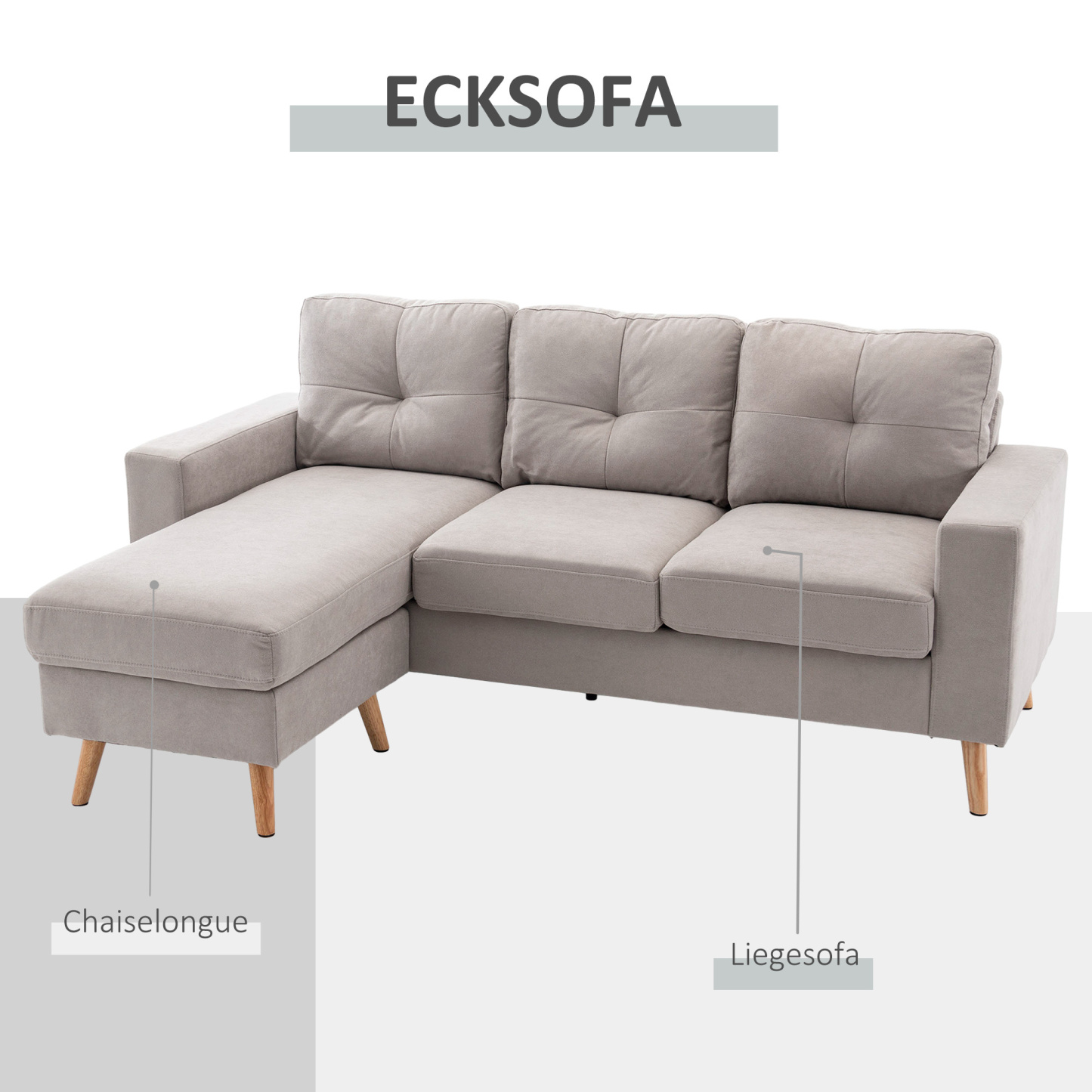 Sofá de Esquina de 3 Plazas, Aspecto Lino, Chaise Lounge Reversible, 193x136x85 cm, Gris Claro