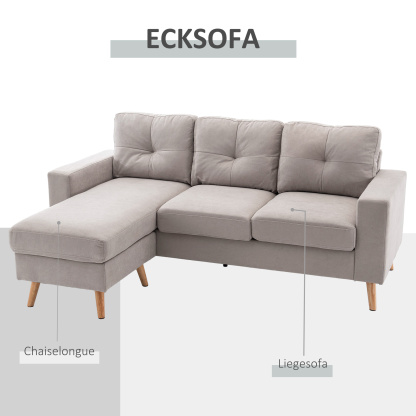 Sofá de Esquina de 3 Plazas, Aspecto Lino, Chaise Lounge Reversible, 193x136x85 cm, Gris Claro