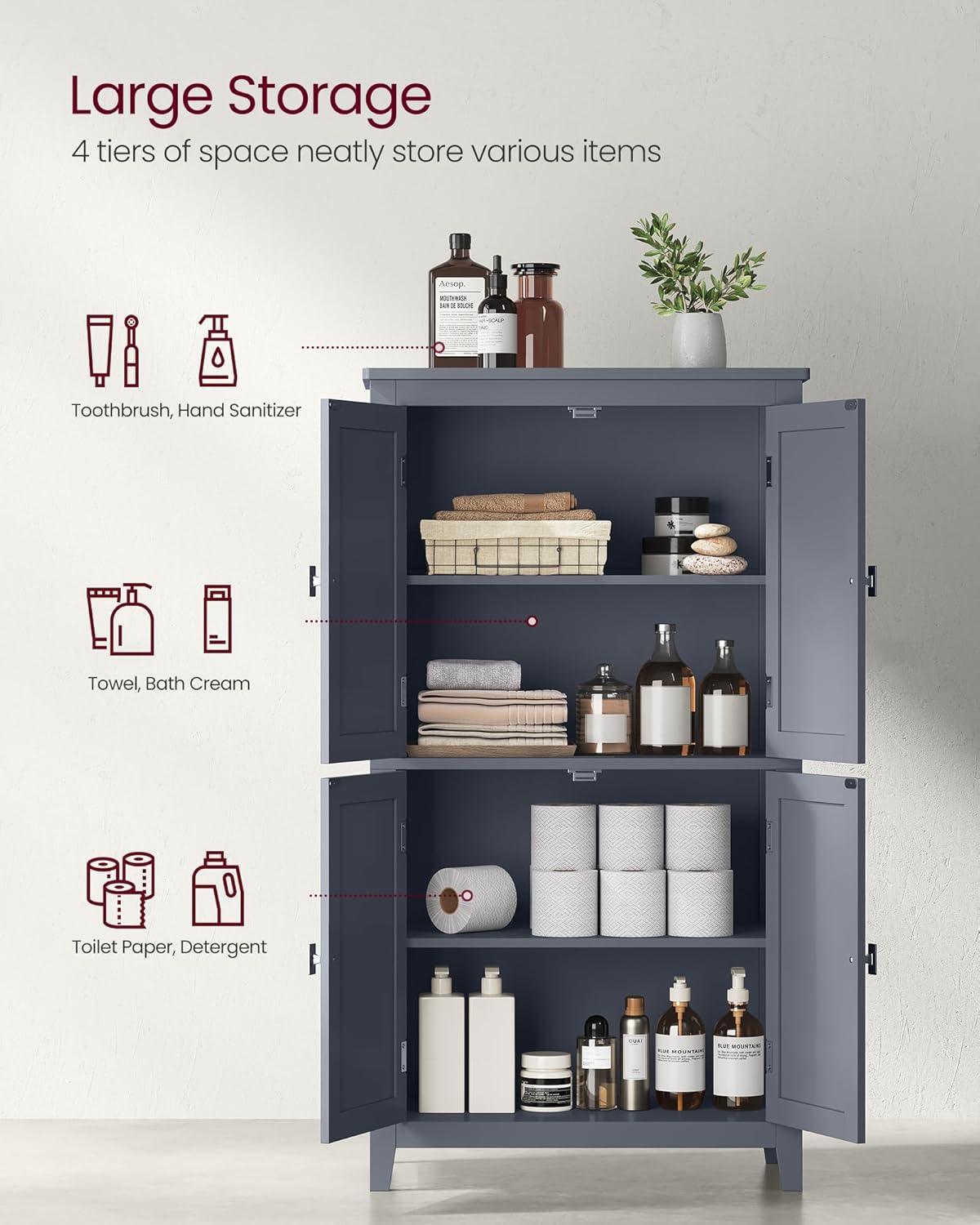 VASAGLE Mueble de Baño, Armario de Baño, Armario de Cocina, con 2 Puertas y 2 Cajones, Estantes Ajustables, 30 x 60 x 110 cm, Gris Paloma MBBC551G02