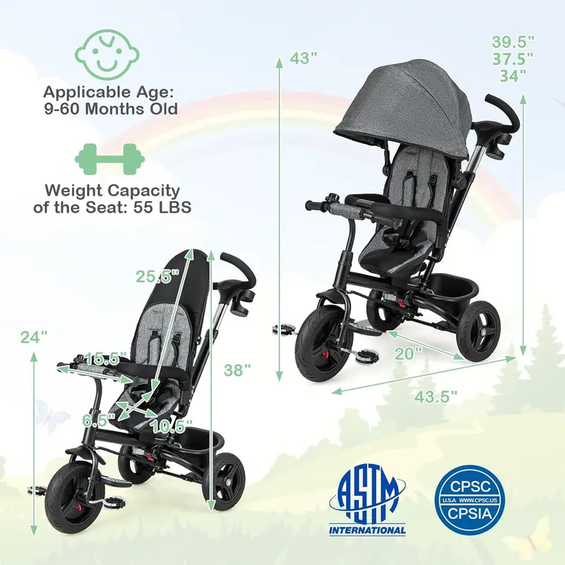 Cochecito infantil unisex 5 en 1 Costzon - Poliéster, asiento reversible, capota ajustable, ruedas de EVA, manillar extraíble de PP y acero para padres, triciclo para niños pequeños, cochecito práctico y multifuncional.