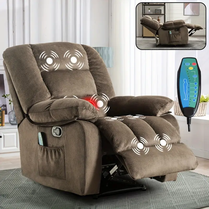Silla de poder individual - Sillón elevador con función de masaje de cuerpo completo y calor - Sillón de salón ergonómico, cómodo y acolchado con bolsa de almacenamiento lateral, marrón