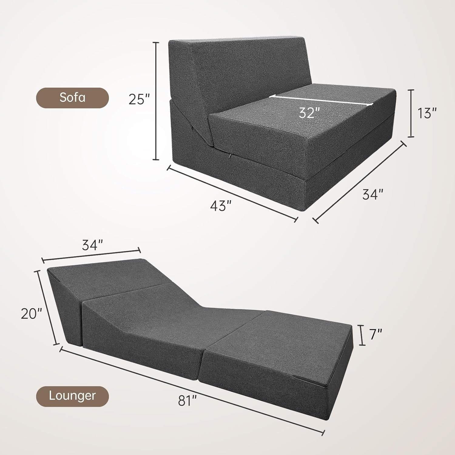 Nigoone - Sofá plegable tamaño Queen de espuma viscoelástica con 2 almohadas, sillón perezoso, triple futón, camas convertibles, funda lavable, gris oscuro