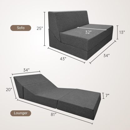 Nigoone - Sofá plegable tamaño Queen de espuma viscoelástica con 2 almohadas, sillón perezoso, triple futón, camas convertibles, funda lavable, gris oscuro