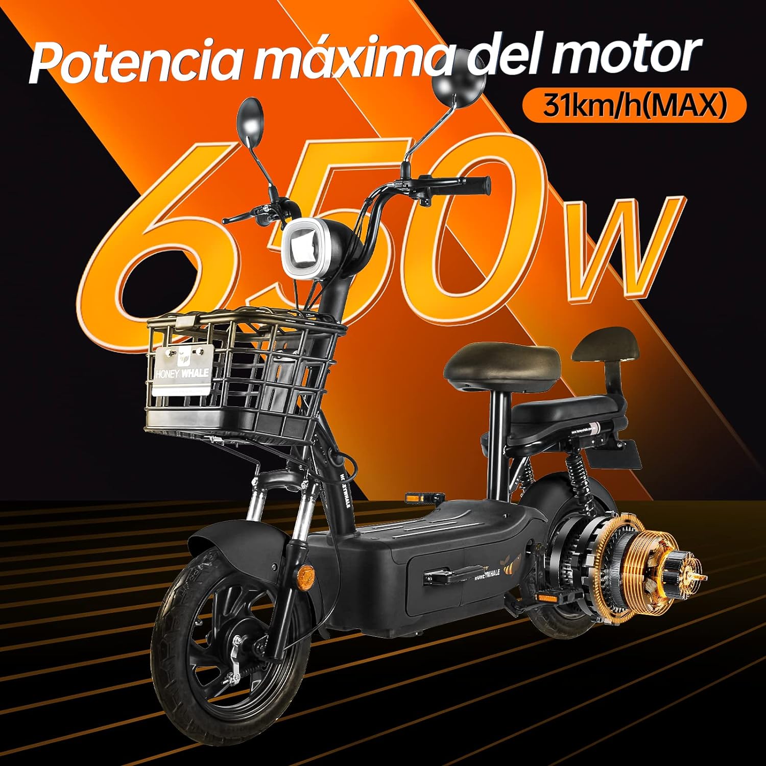 HONEYWHALE U1s Bicicleta eléctrica para adultos, bicicleta eléctrica con alarma, motor máximo 650W, velocidad máxima 31KM/H, autónoma 60-65KM, batería de gran capacidad 20AH, dos asientos