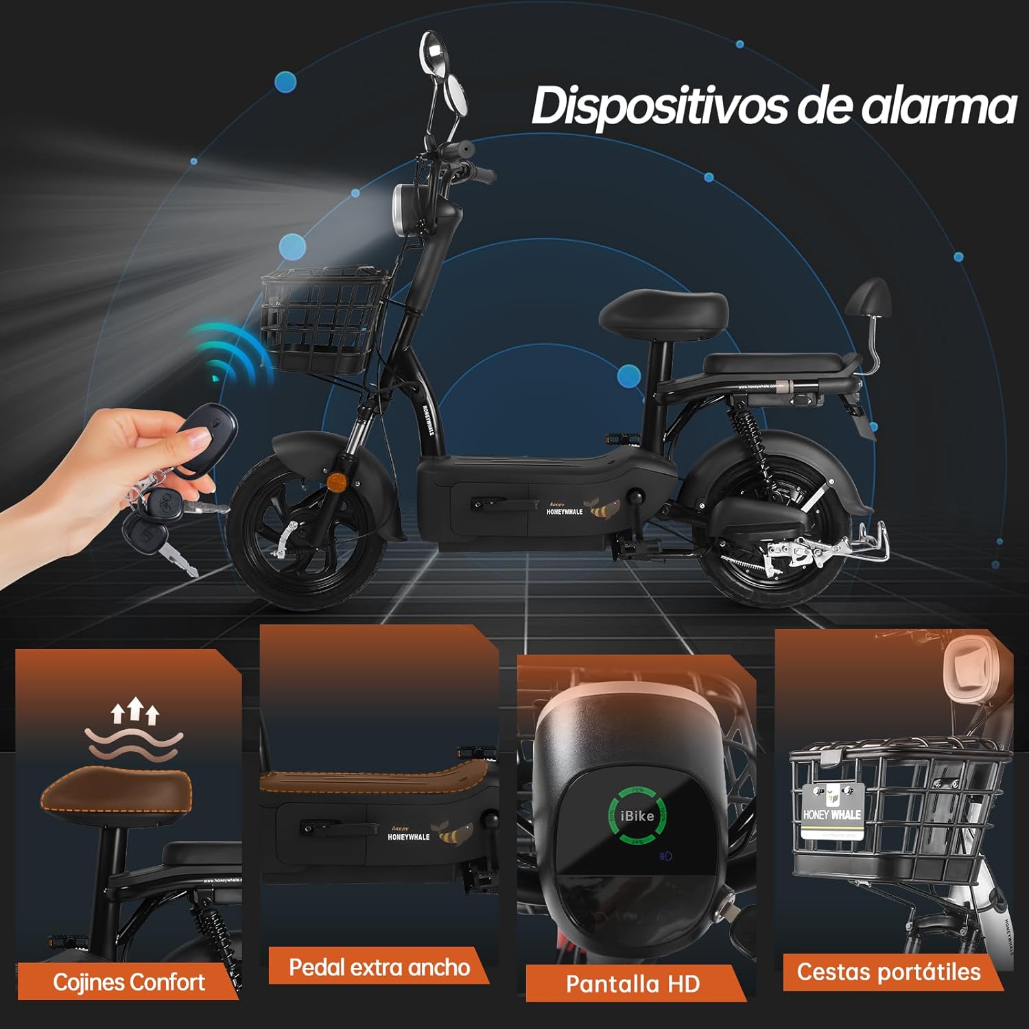 HONEYWHALE U1s Bicicleta eléctrica para adultos, bicicleta eléctrica con alarma, motor máximo 650W, velocidad máxima 31KM/H, autónoma 60-65KM, batería de gran capacidad 20AH, dos asientos