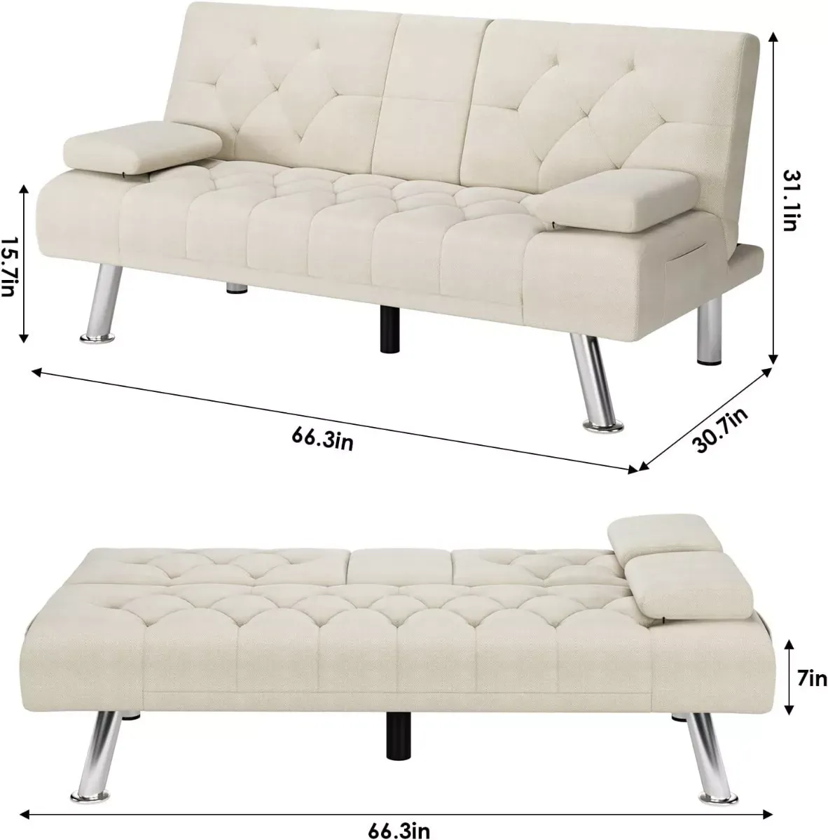 Sofá cama futón plegable portavasos de piel sintética marrón