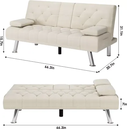 Sofá cama futón plegable portavasos de piel sintética marrón