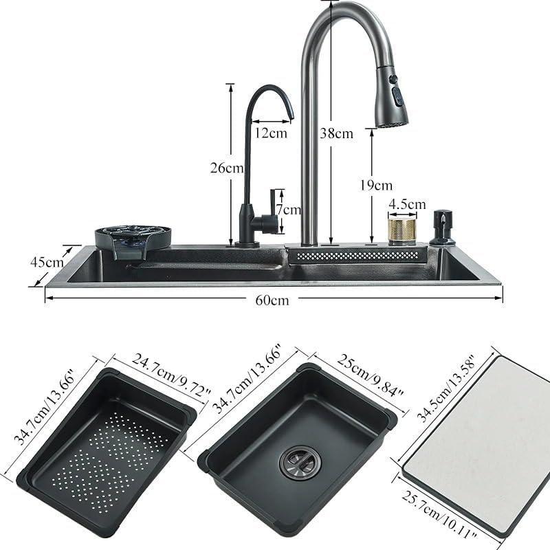 Fregadero de cocina, fregadero de acero inoxidable con cascada, fregadero moderno con dispensador y accesorios para bar, comedor y exterior (60 x 46 cm)