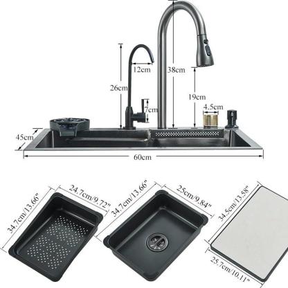 Fregadero de cocina, fregadero de acero inoxidable con cascada, fregadero moderno con dispensador y accesorios para bar, comedor y exterior (60 x 46 cm)