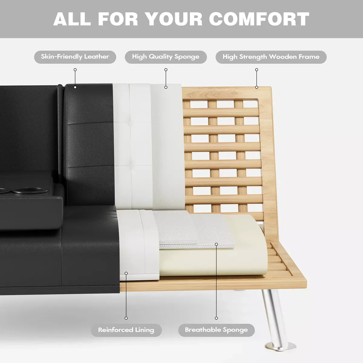 Sofá cama futón plegable portavasos de piel sintética marrón