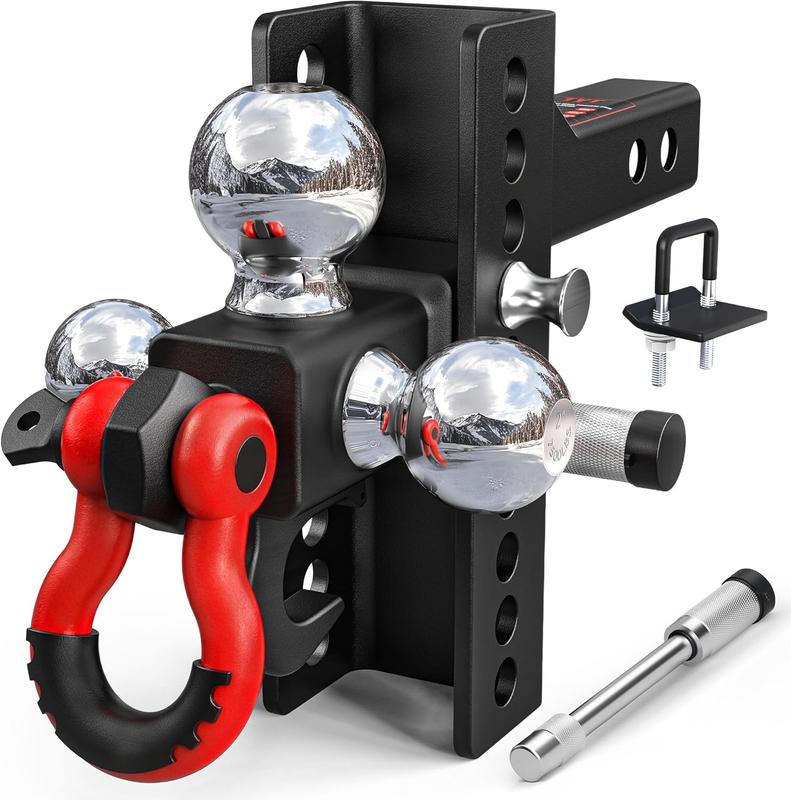Soporte de enganche de remolque de triple bola con cerraduras, pasador y argolla de remolque giratoria, compatible con receptores de 2 pulgadas, elevación/descenso de 6-7/8", bolas de 1-7/8", 2" y 2-5/16", capacidad de remolque de 10000 libras.