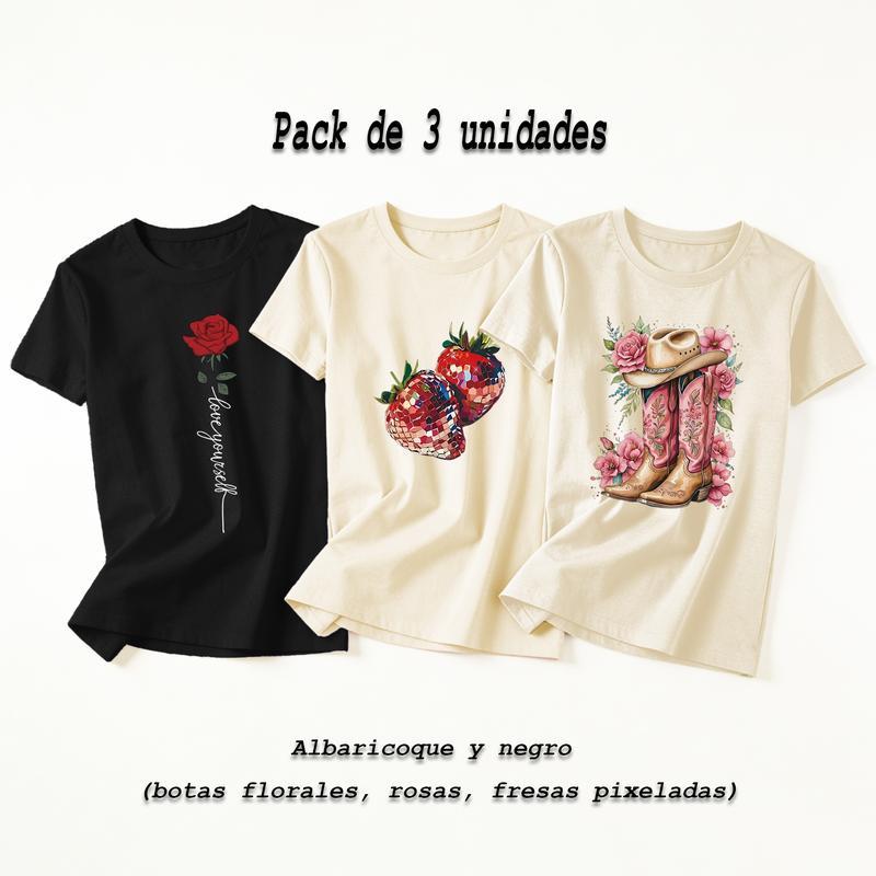 Camiseta de manga corta con cuello redondo elástico para mujer, ideal para llevar en casa o salir, muy versátil y práctica (pack de 3)