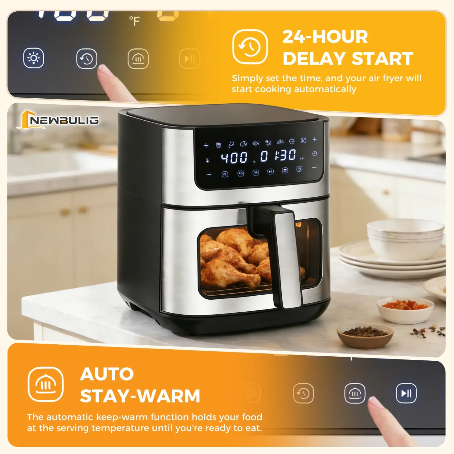 Freidora de aire 6.34QT con ventana, 8 funciones, 400°F, temporizador 90 min, canasta antiadherente apta para lavavajillas, acero inoxidable
