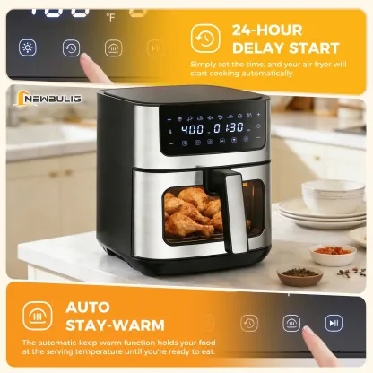 Freidora de aire 6.34QT con ventana, 8 funciones, 400°F, temporizador 90 min, canasta antiadherente apta para lavavajillas, acero inoxidable