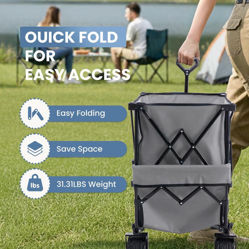 Sweetcrispy 320L Outdoor Folding Double-Decker Wagon with Brakes, 440 lbs Capacity, Flexible Handle, All-Terrain Big Wheels, Compact Pack & Foldable Size for Grocery, Camping