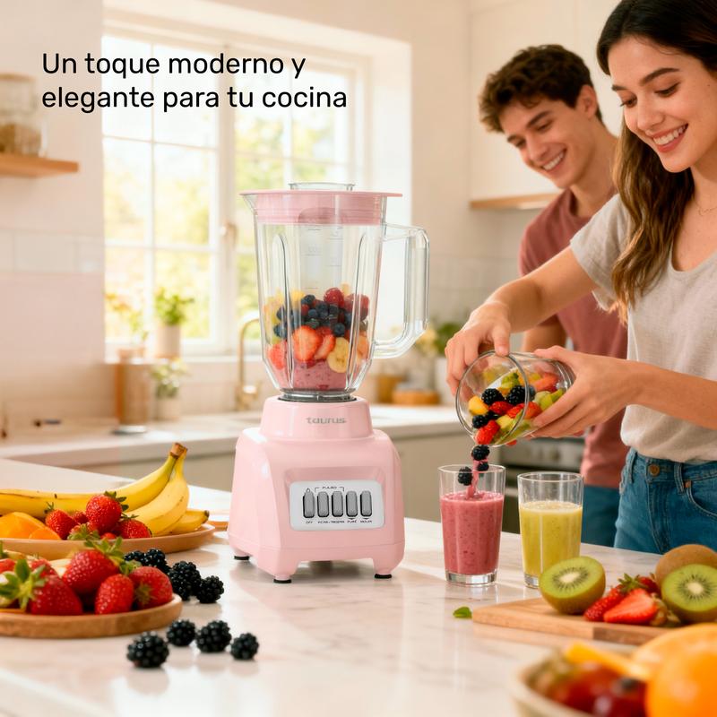 Licuadora Rosa Taurus Haley Ribbon, Potente 500W, ideal para smoothies y jugos, jarra de plástico de 1.65 L, compacta y Moderna