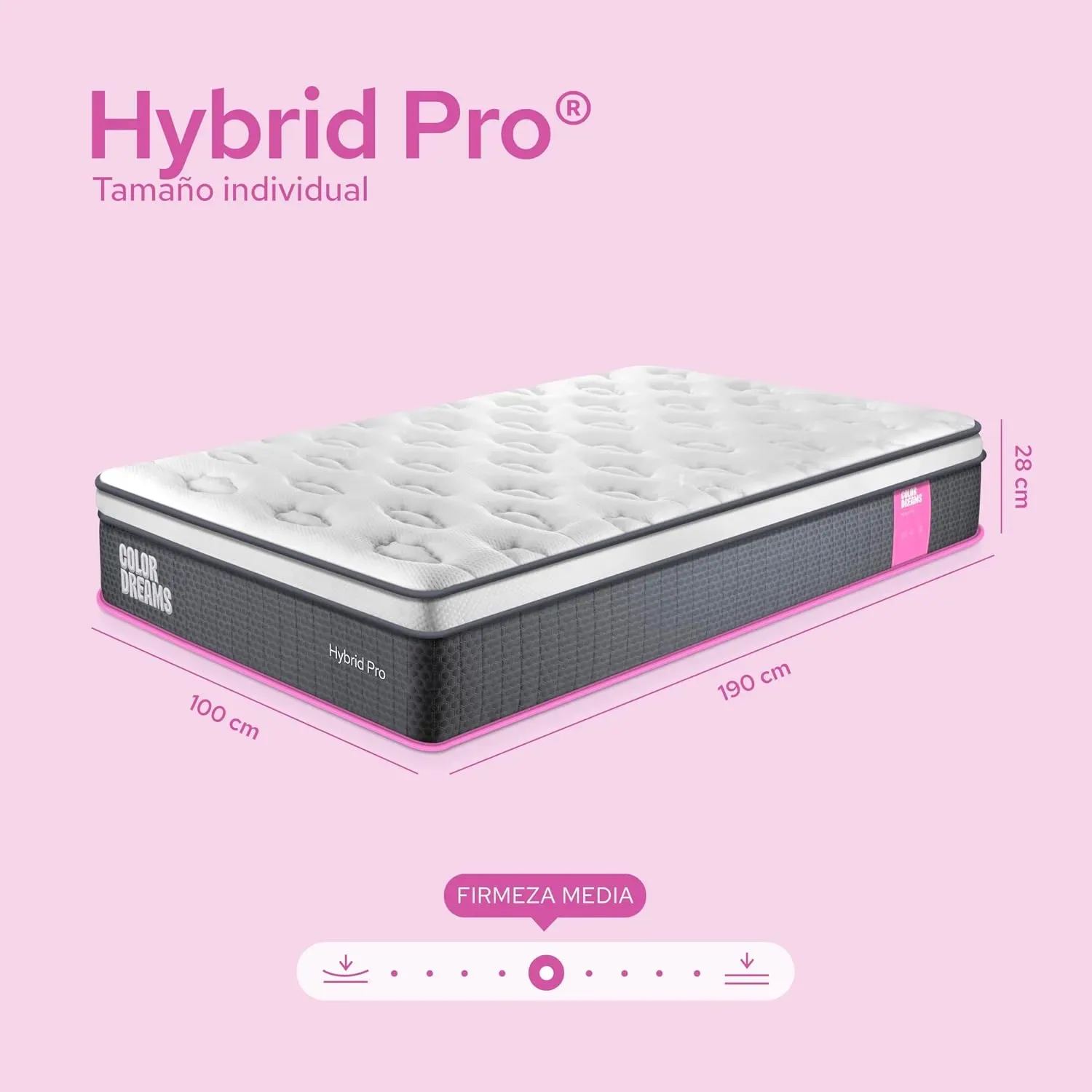 COLORDREAMS Colchón King Pro Hybrid 28 cm | Híbrido Pocket Coil + Memory Foam con Eurotop | Firmeza Media | Hipoalergénico y antiácaros | 200x190 cm | Colchones en Caja | 5 años de garantía