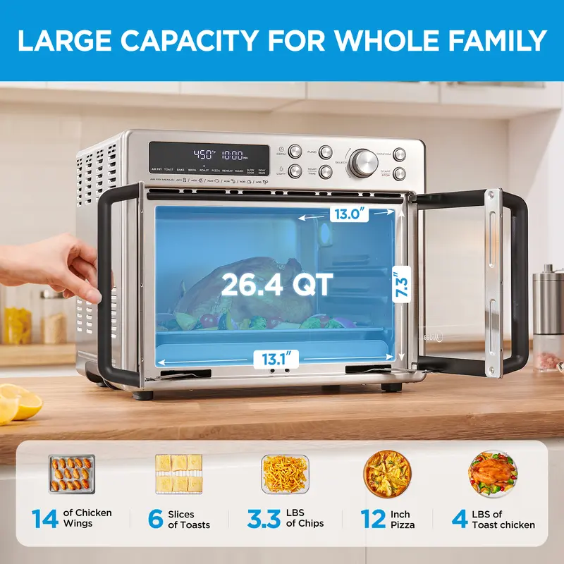 Horno tostador con freidora de aire y puerta francesa Midea Flexify de 26.4 cuartos de galón, horno freidora de aire extragrande de encimera 10 en 1, cocción un 25 % más rápida y un 90 % menos de aceite, ventilador de convección de diseño elegante, regalo