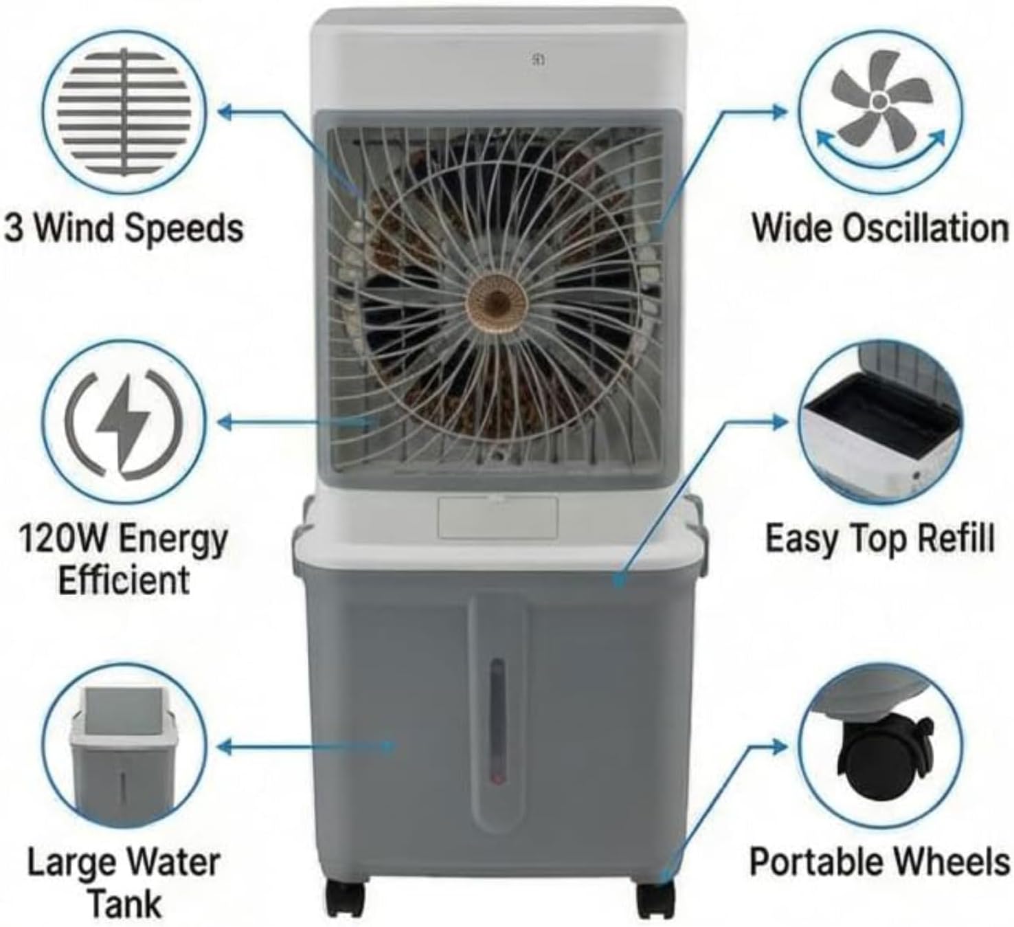 Aire acondicionado portátil silencioso de 32 litros, enfriador de aire portátil, ventilador humidificador, temporizador de 7 horas, 3 velocidades, control remoto, enfriador de aire para dormitorio y hogar.