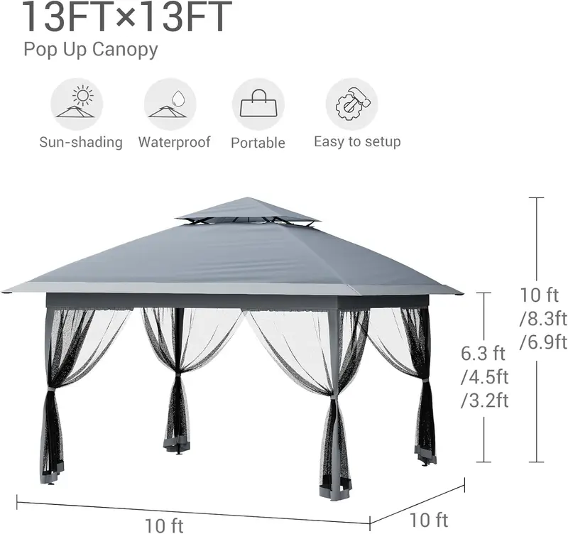 Carpa plegable Garvee de 13x13 pies con estructura metálica, sombrilla exterior de acero para lluvia y sol con malla, techo de doble ventilación, altura ajustable, fácil montaje, refugio impermeable para el patio trasero, toldo y estructura de sombra mode