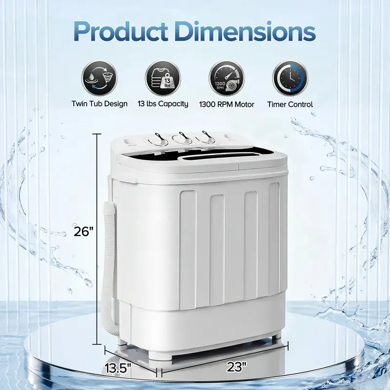 Lavadora portátil de doble tina con escurridor y secadora centrífuga Segawe - Motor silencioso, unidad con cable ligera, tamaño compacto, enchufe estándar, ideal para apartamentos, residencias estudiantiles y condominios (6 kg/4,5 kg/4 kg con un solo cubo