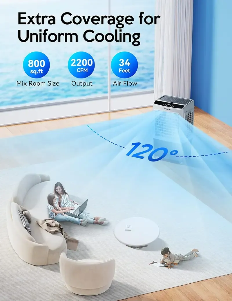 El enfriador de aire evaporativo VAGKRI cuenta con un tanque de agua de 9.2 a 12 galones, un enfriador evaporativo de 2100 a 3000 CFM, oscilación de 120° con control remoto, temporizador de 24 horas, 3 modos y velocidades de viento para uso en interiores 