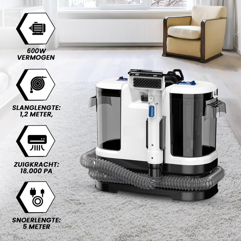 Aspiradora Lava Alfombra Tapicería De Inyección Succión 600w 18000pa, Máquina De Limpieza De Telas Para Sofá, Alfombra, Cortina Y Cama, Cepillo Profundo, Doble Tanque De Agua Blanco