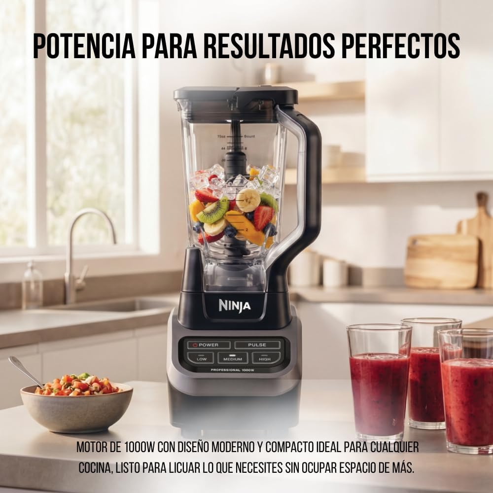 Ninja Licuadora Profesional 1000W, 2.1L, 4 Velocidades + Pulso | 1000W con Jarra 2.1L | Total Crushing Tritura Hielo en Nieve | 4 vel + pulso | Apto lavavajillas
