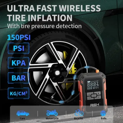 ⚡Arrancador de batería para coche de 15000 mAh: Apto para todos los vehículos con batería de 12 V. Equipado con un compresor de aire de 150 PSI, carga rápida de 18 W, monitorización de la presión de los neumáticos y luces LED.