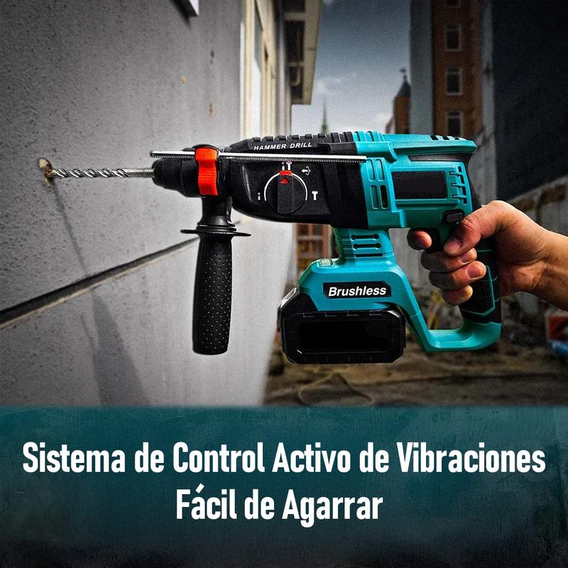 Kit de herramientas Profesional 4 en 1 Brushless | Taladro Inalámbrico, Llave de Impacto, Amoladora Angular y Rotomartillo SDS | 2 Baterías | Kit Completo para Hogar y Carpintería