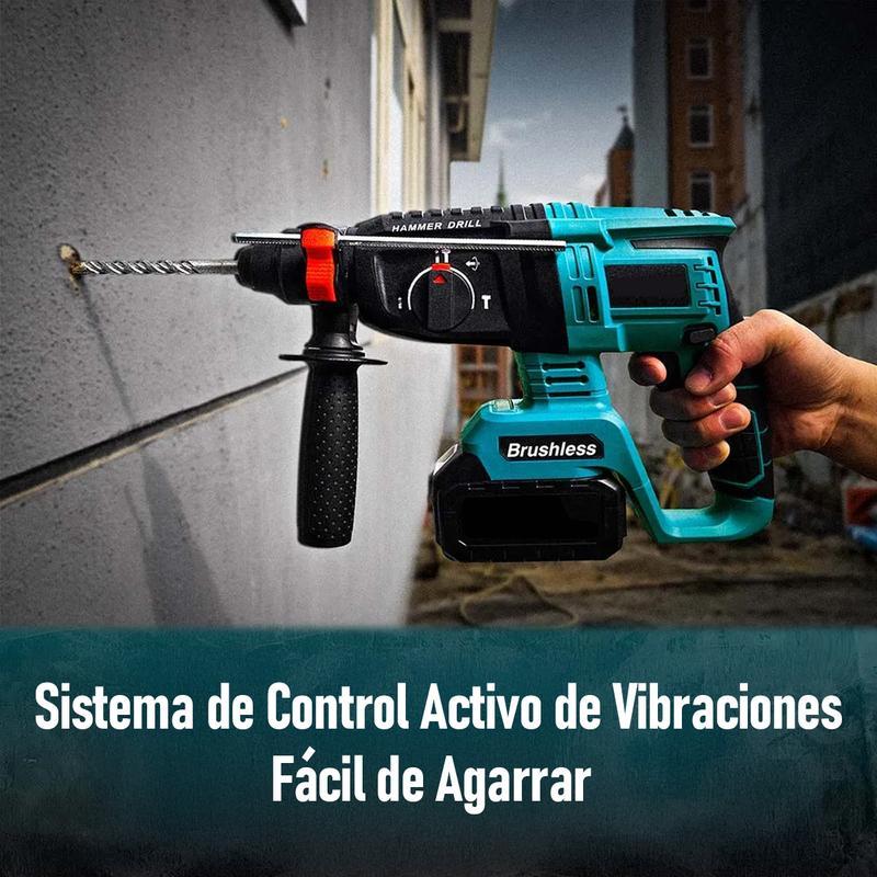 Kit de herramientas Profesional 4 en 1 Brushless | Taladro Inalámbrico, Llave de Impacto, Amoladora Angular y Rotomartillo SDS | 2 Baterías | Kit Completo para Hogar y Carpintería