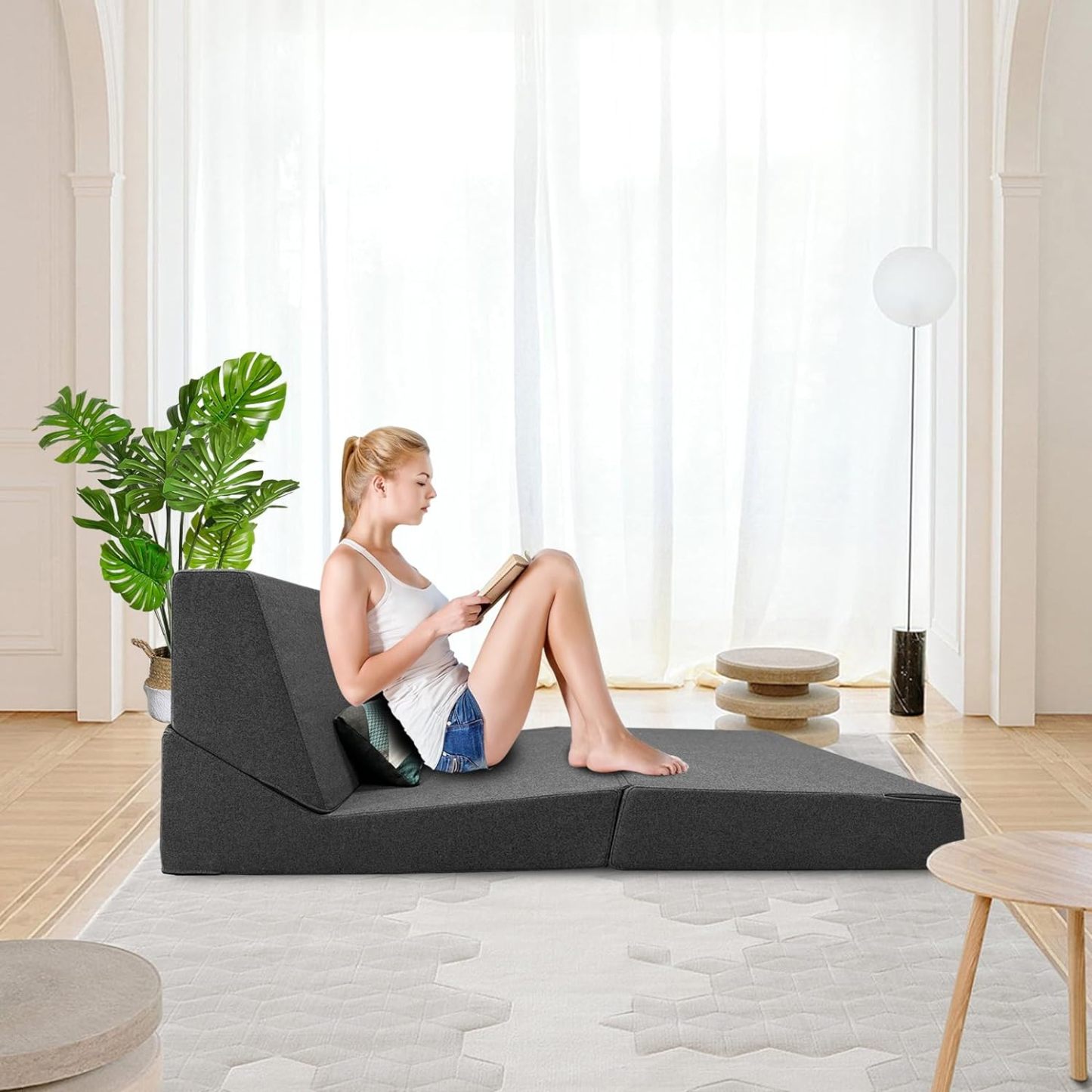 Nigoone - Sofá plegable tamaño Queen de espuma viscoelástica con 2 almohadas, sillón perezoso, triple futón, camas convertibles, funda lavable, gris oscuro