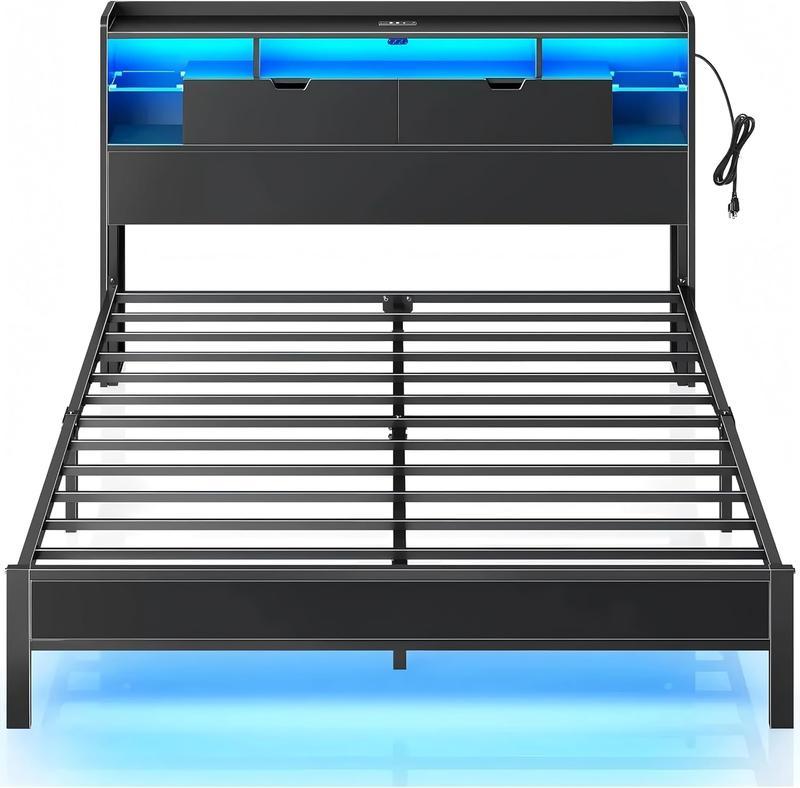 Cama Ironwood, Marco de Cama Metal Negro con Luces LED, 3 Puertos USB y 6 Estantes - Base de Almacenamiento, Resistente, Fácil Montaje (Individual / Matrimonial / Queen)
