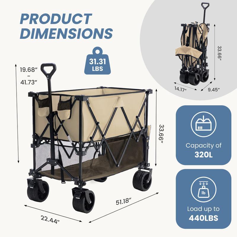 Sweetcrispy 320L Outdoor Folding Double-Decker Wagon with Brakes, 440 lbs Capacity, Flexible Handle, All-Terrain Big Wheels, Compact Pack & Foldable Size for Grocery, Camping