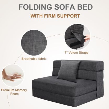 Nigoone - Sofá plegable tamaño Queen de espuma viscoelástica con 2 almohadas, sillón perezoso, triple futón, camas convertibles, funda lavable, gris oscuro