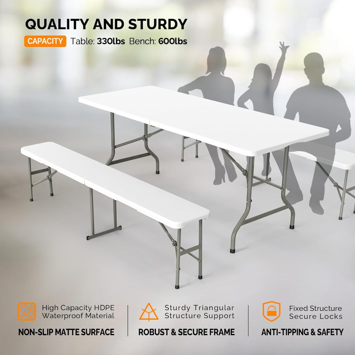VINGLI Juego de mesa de picnic con 2 bancos, juego de sillas de mesa de camping de 6 pies, muebles plegables de 3 piezas para uso interior o exterior