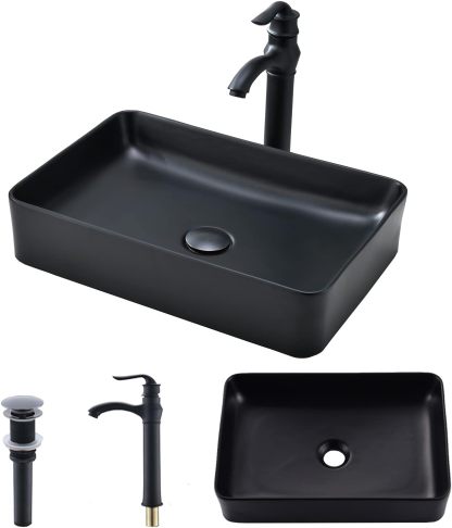 VOKIM - Conjunto de fregadero y llave de baño de 20 x 14 pulgadas, rectángulo moderno sobre el mostrador, porcelana negra, lavabo de cerámica y llave de bronce aceitado