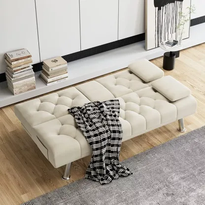 Sofá cama futón plegable portavasos de piel sintética marrón