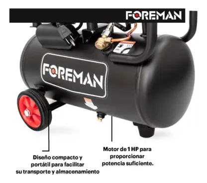 Compresor Libre De Aceite Silencioso 1hp 24l 110v Fase Eléctrica Monofásica Frecuencia 60 Foreman Color Negro