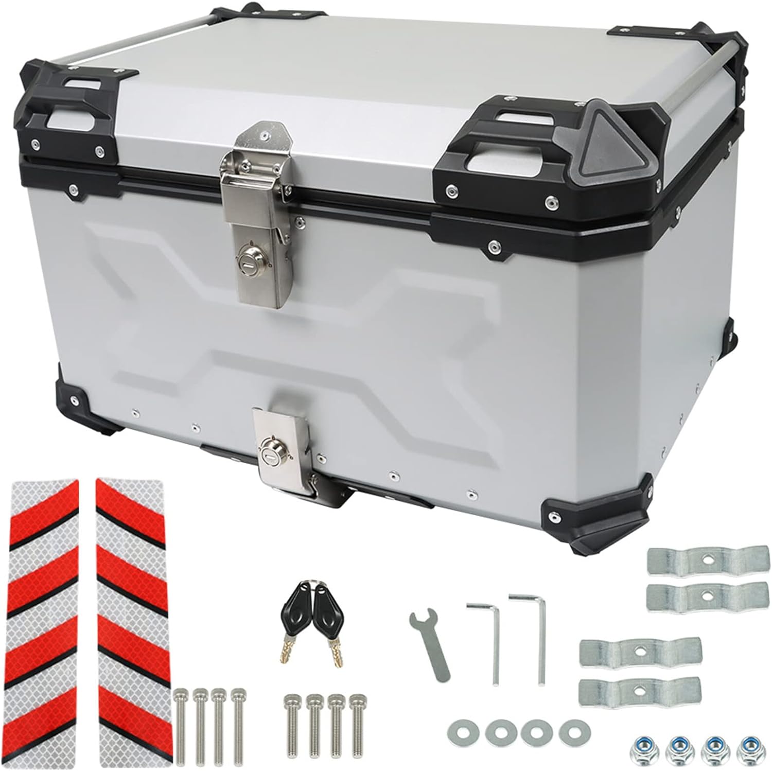 Labwork - Caja trasera para motocicleta de 45 l, con placa de montaje, aleación de aluminio dura, cierre de seguridad contra robo, metal plateado, caja trasera para maletero
