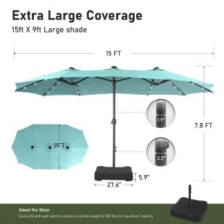 Phivilla Home – Sombrilla grande para patio exterior de 15 pies con base – Opción de luz LED, doble cara, manivela, impermeable