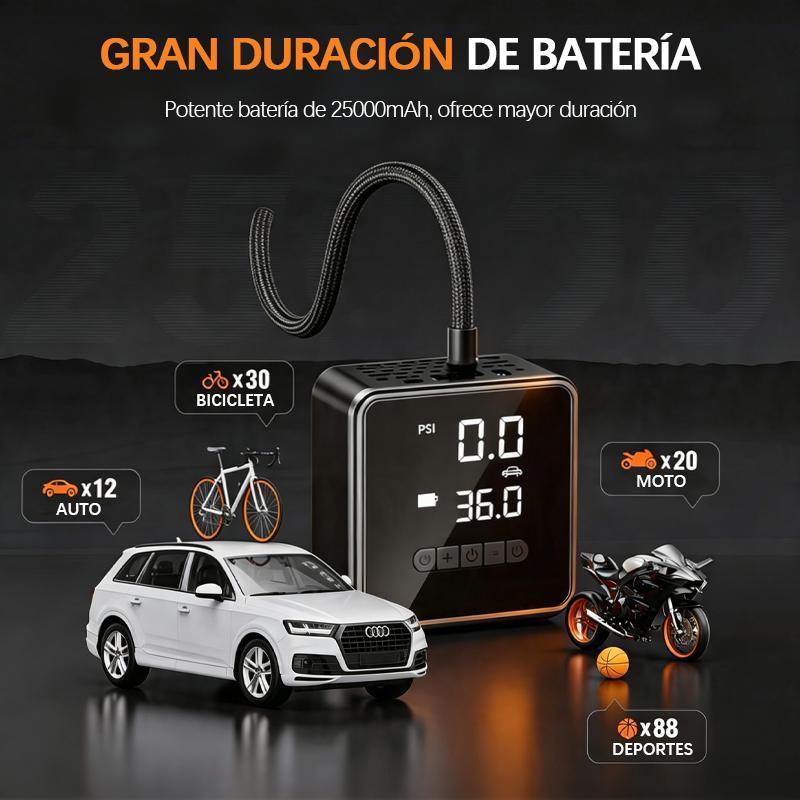 Inflador eléctrico portátil 5 en 1 con pantalla digital y función de apagado automático. Adecuado para coche, moto, bici y balón. Cuenta con batería recargable y modo power bank. Diseño ligero, inalámbrico y fácil de guardar, ideal para viajes y emergenci