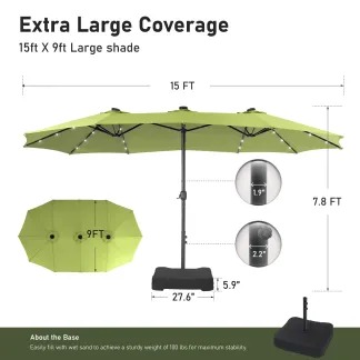 Phivilla Home – Sombrilla grande para patio exterior de 15 pies con base – Opción de luz LED, doble cara, manivela, impermeable