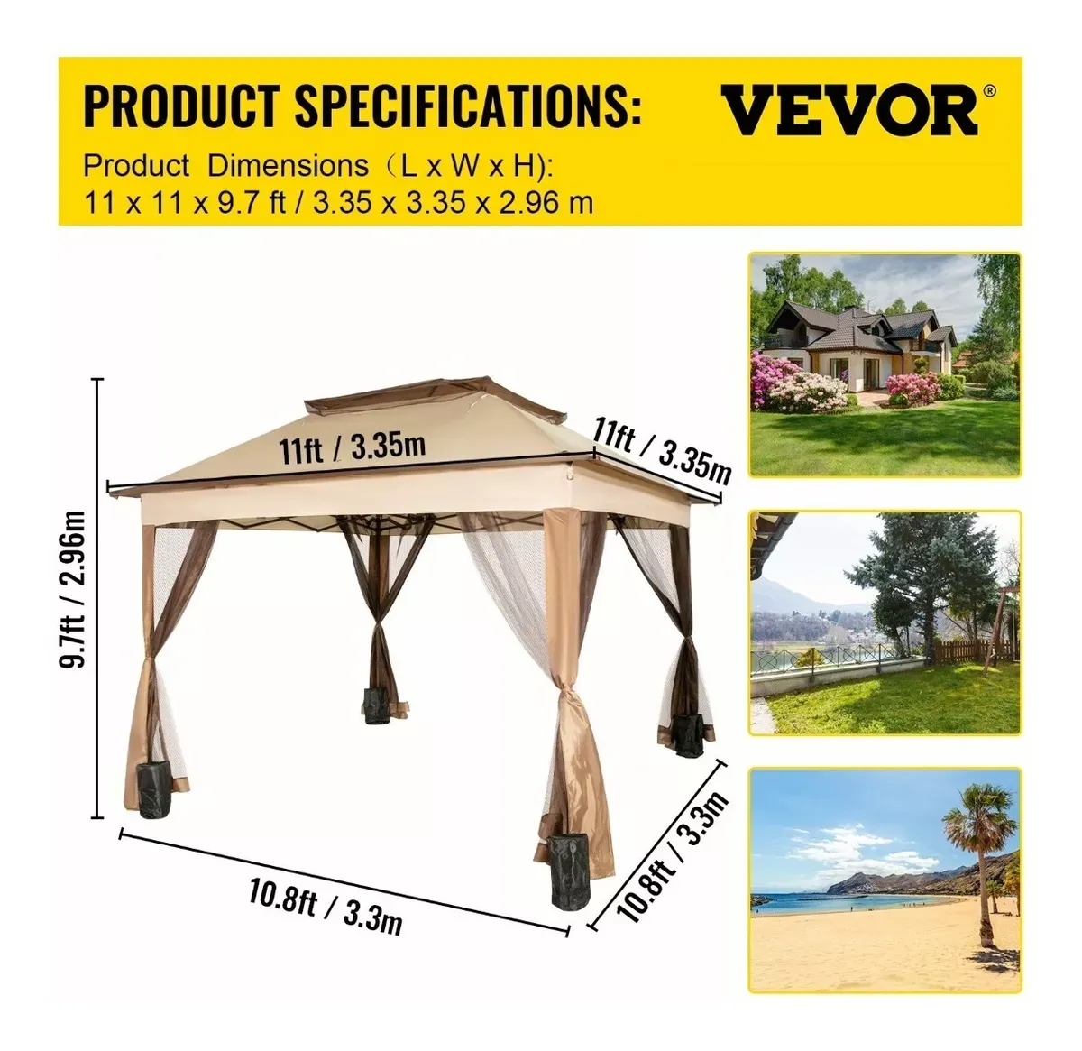 Toldo de tienda impermeable plegable reforzado Vevor 3,3 m * 3,3 m
