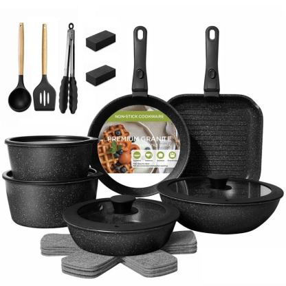 Batería De Cocina 15/17/22 Piezas Juego De Sartenes Ollas  Utensilios Sartenes Antiadherentes Con Mangos Desmontables Y Tapas De Vidrio Para Inducción, Gas Y Horno Negro Blanco Libre de PTFE, PFOA, plomo y cadmio. Cocina con menos aceite, sin que se pegue