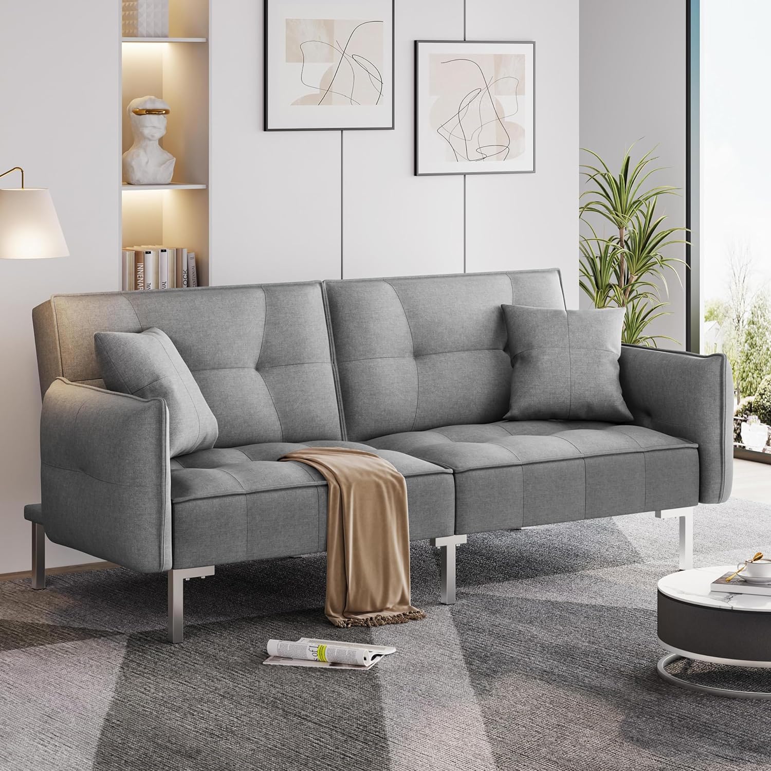 Yaheetech Sofá cama convertible moderno futón sofás, cama plegable y abajo, tela de lino reclinable para sala de estar, color gris